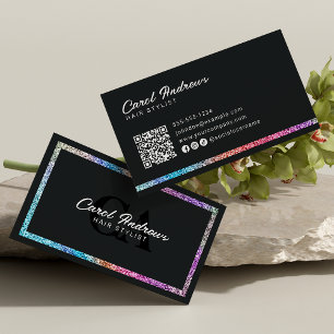 Modern Rainbow Glitter & Black Hairdresser QR Code Business Card