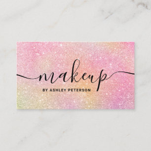 Modern rainbow glitter chic girly pink makeup business card