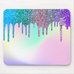 Modern Rainbow Glitter Drips Holographic Mouse Pad