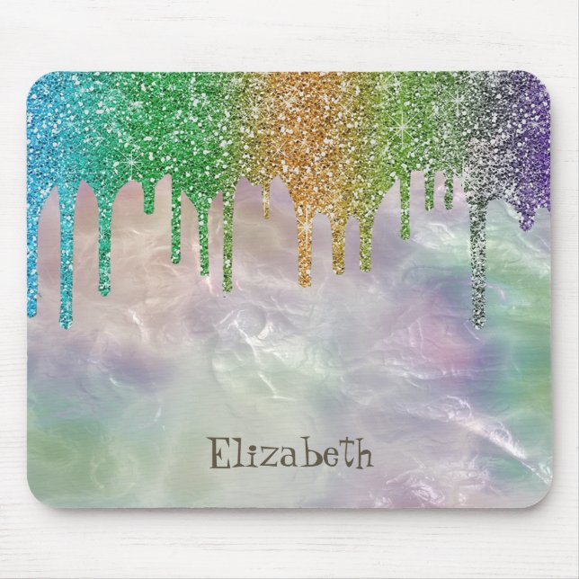 Modern Rainbow Glitter Drips Holographic Opal Mouse Pad (Front)