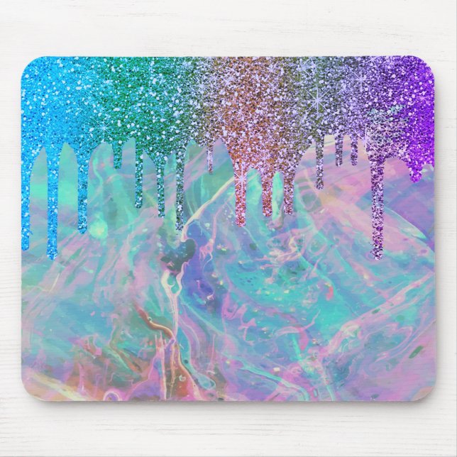 Modern Rainbow Glitter Drips Opal Mouse Pad (Front)
