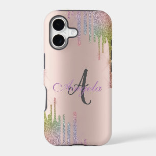 Modern Rainbow Glitter Drips, Rose Gold,Monogram