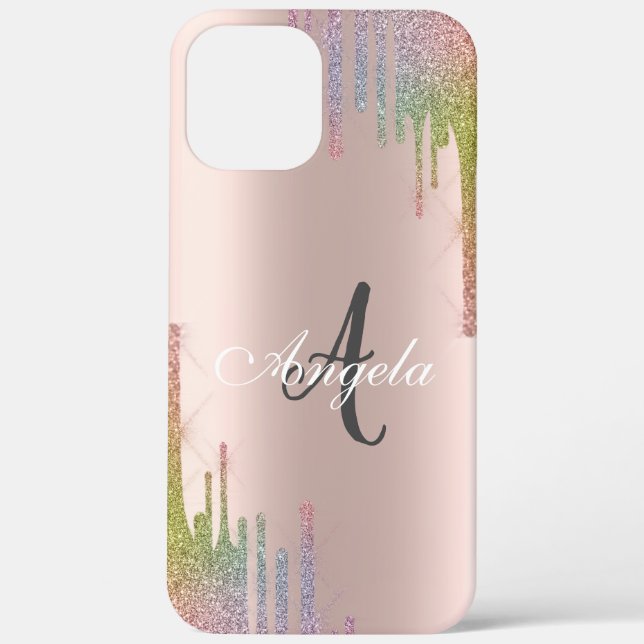 Modern Rainbow Glitter Drips Rose Gold,Monogram  Case-Mate iPhone Case (Back)