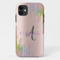 Modern Rainbow Glitter Drips, Rose Gold,Monogram