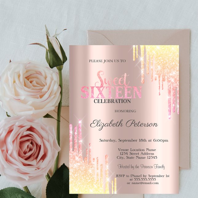 Modern Rainbow Glitter Drips Rose Gold  Sweet 16 Invitation (Creator Uploaded)