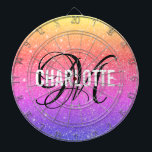 Modern rainbow glitter monogram name dart board<br><div class="desc">Modern rainbow glitter dart board with a white typography name and black monogram. Personalise with name and initial.</div>