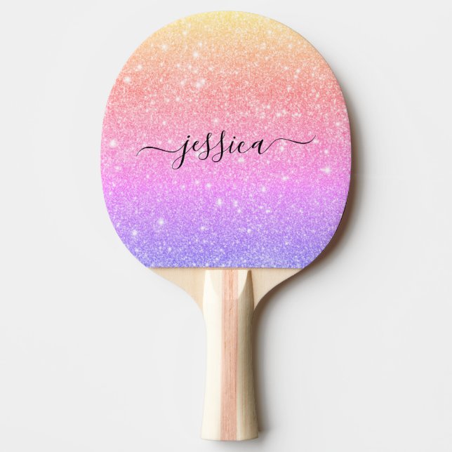 Modern rainbow glitter script name   ping pong paddle (Front)