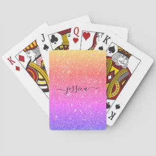 Modern rainbow glitter script name  playing cards