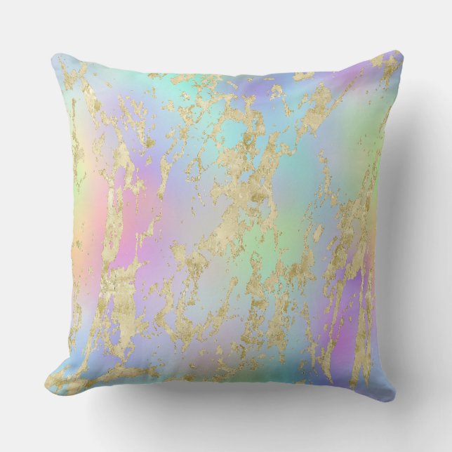 Modern Rainbow Gradient and Gold Marble Pattern Cushion (Front)