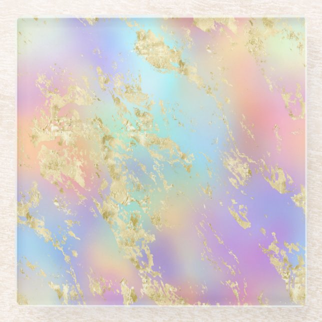 Modern Rainbow Gradient and Gold Marble Pattern Glass Coaster (Front)