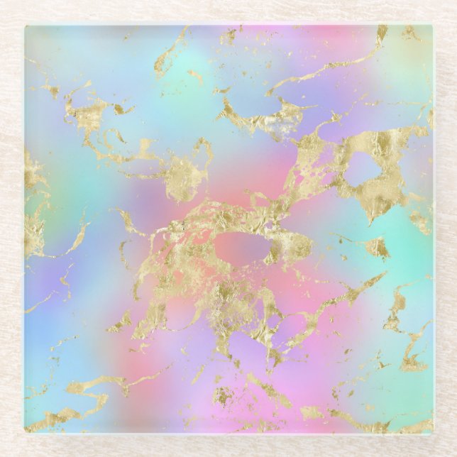 Modern Rainbow Gradient and Gold Marble Pattern Glass Coaster (Front)