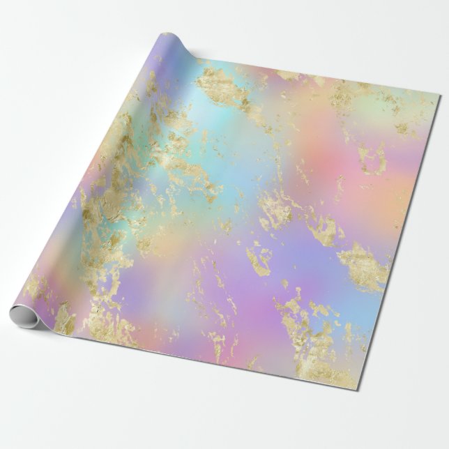 Modern Rainbow Gradient and Gold Marble Pattern Wrapping Paper (Unrolled)