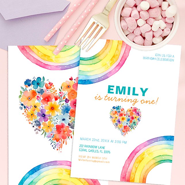 Modern Rainbow Heart Floral Girl Birthday Invite (Colorful Watercolor Rainbow Birthday)