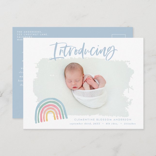 Modern rainbow introducing photo birth announcement postcard (Front/Back)