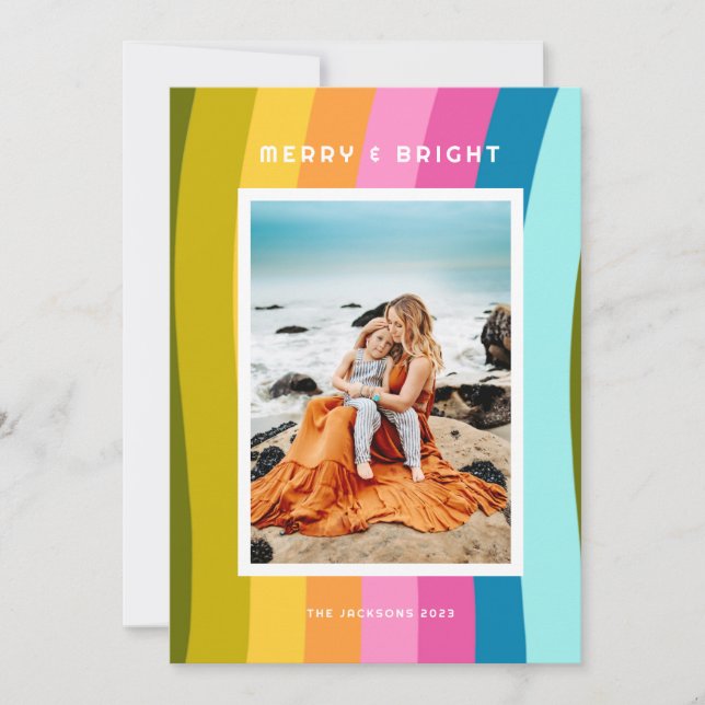 Modern Rainbow Merry and Bright Vertical Holiday Card (Front)
