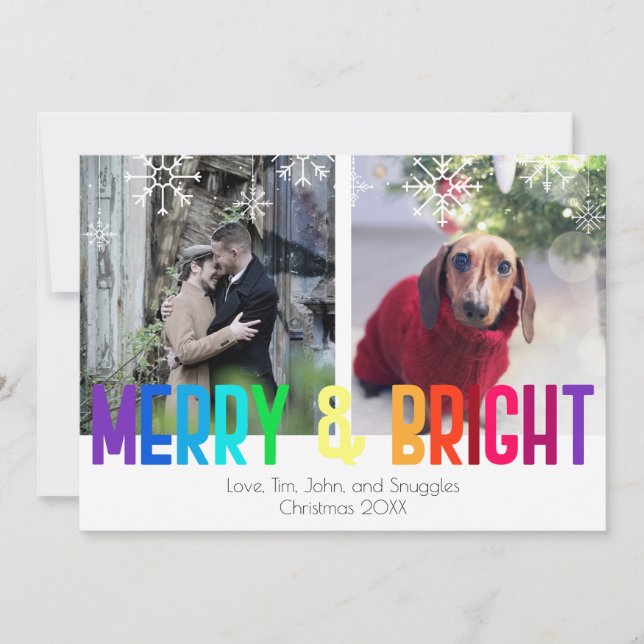 Modern Rainbow Merry & Bright Two Photos Card (Front)