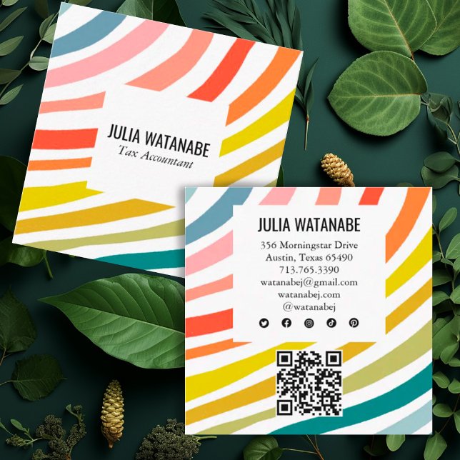 Modern Rainbow Minimalist Stripes QR Social Media Square Business Card (Colorful rainbow stripes decorate these square business cards with custom QR code and social icons)