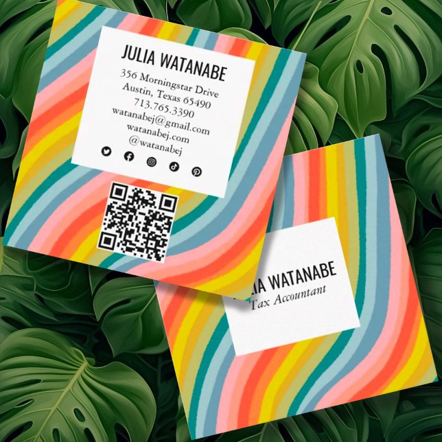 Modern Rainbow Minimalist Stripes QR Social Media Square Business Card (Creator Uploaded)