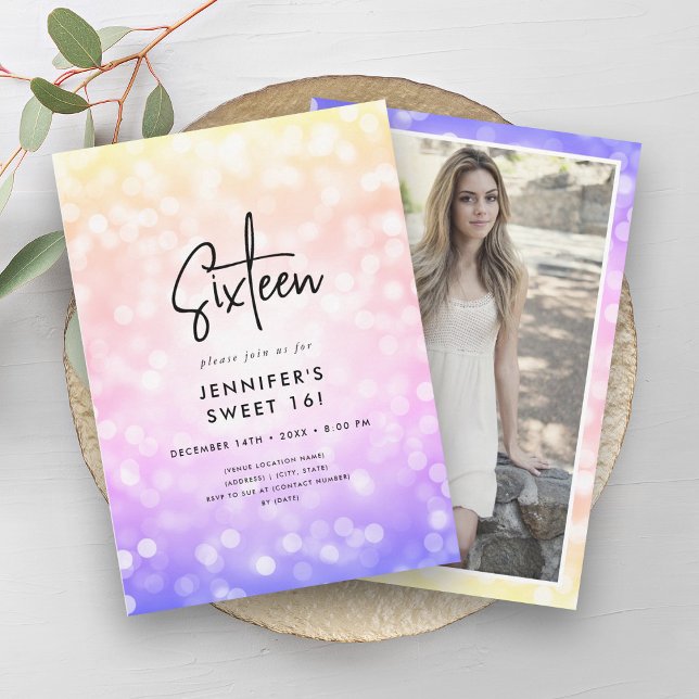 Modern Rainbow Ombre Lights Photo Sweet 16  Invitation (Modern Rainbow Ombre Lights Photo Sweet 16 Invitation)