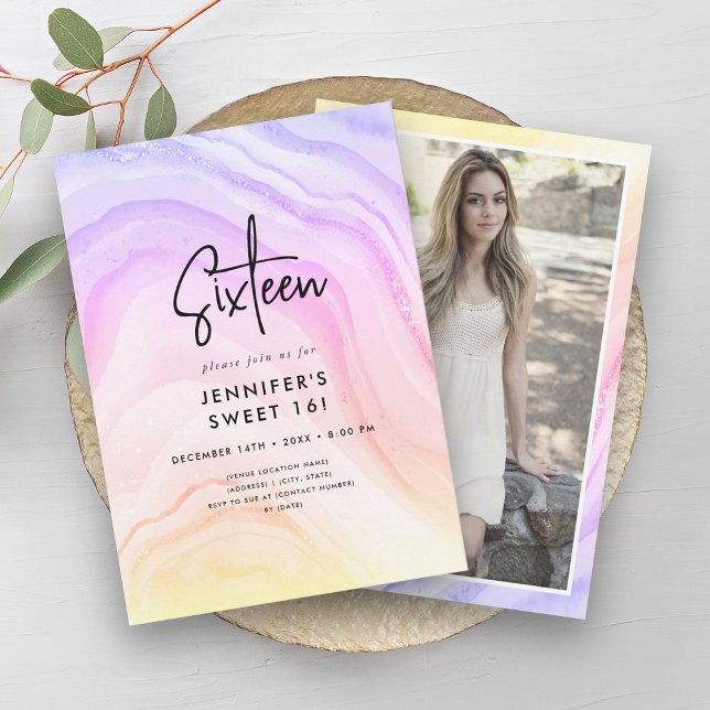 Modern Rainbow Ombre Marble Photo Sweet 16  Invitation (Modern Rainbow Ombre Marble Photo Sweet 16 Invitation)