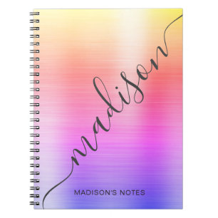 Modern Rainbow Ombre Metal Monogram Script Notebook