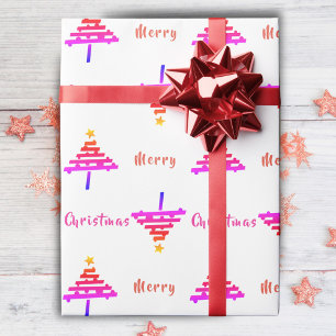 Modern Rainbow Pink Christmas Tree Pattern Holiday Wrapping Paper