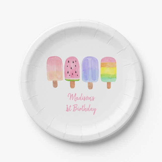 Modern Rainbow Popsicle Birthday Paper Plate (Front)