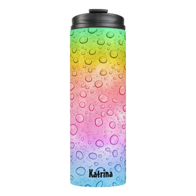 Modern Rainbow Raindrops Custom Name  Thermal Tumbler (Front)