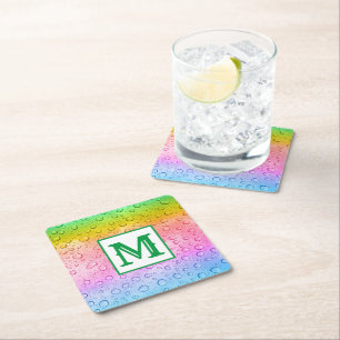 Modern Rainbow Raindrops Monogram Square Paper Coaster