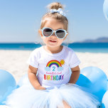 Modern Rainbow Sky Girls Custom Birthday Party Baby T-Shirt<br><div class="desc">Bright and cheerful children's birthday shirt features a rainbow design / over the rainbow party theme with clouds and sun. Rainbow colors include: red,  orange,  yellow,  pink,  green,  teal,  blue and purple.</div>