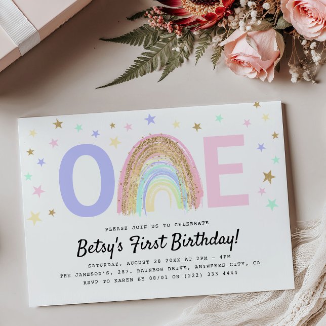 Modern Rainbow & Stars 'ONE' 1st Birthday Party Invitation (Creator Uploaded)