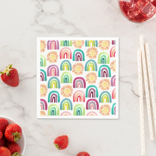 Modern Rainbow & Suns 1st Birthday Watercolor Napkin (Insitu)