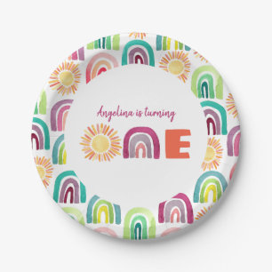 Modern Rainbow & Suns 1st Birthday Watercolor Paper Plate