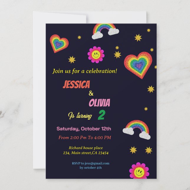 Modern rainbow twins birthday party invitation (Front)
