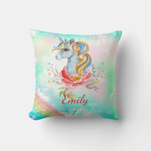 Modern Rainbow Unicorn Girl Name Throw Pillow (Front)