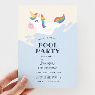 Modern Rainbow Unicorn Summer Pool Party Birthday Invitation
