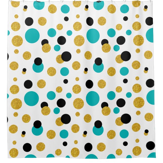 Modern Random Circles Black Blue & Gold Glitter Shower Curtain (Front)