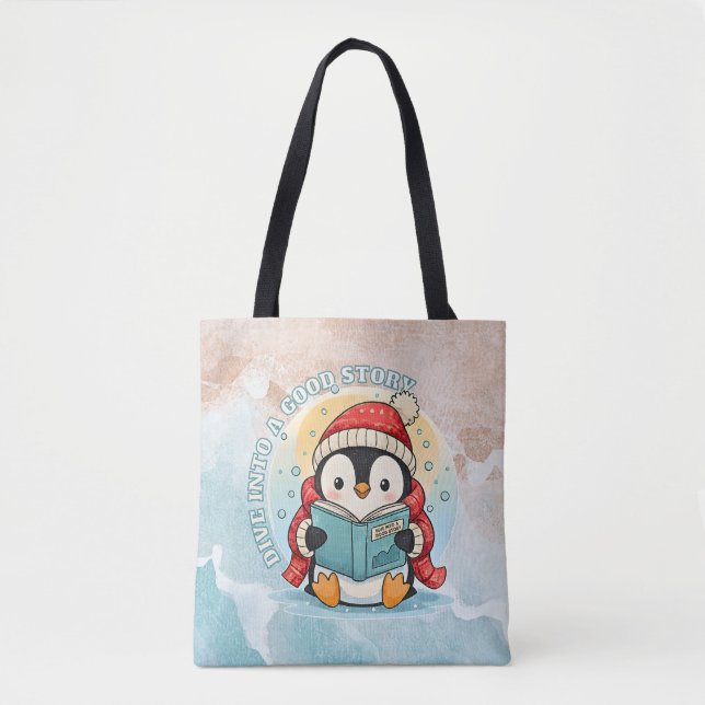 Modern Reading Penguin Aesthetic Shoulder Tote Bag (Front)