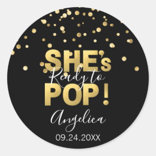 Modern Ready to Pop Baby Shower Gold Black Classic Round Sticker