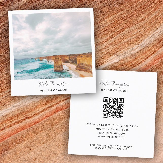 Modern Real Estate Agent Beach Ocean Photo Script Square Business Card (Modern Real Estate Agent Beach Ocean Photo Script Square Business Card)