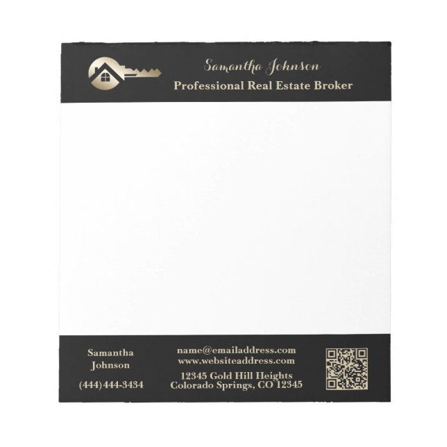 Modern Real Estate Agent Gold House Key QR Code  Notepad (Front)