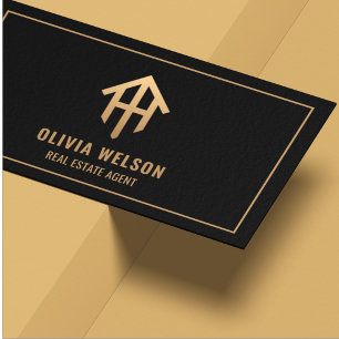 Modern Real Estate Agent Gold House Logo & Black  Business Card