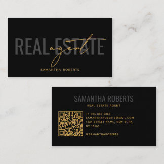 Modern real estate agent QR Code black gold Business Card