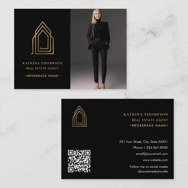 Modern Real Estate Agent Realtor Logo Photo Gold Business Card (Front/Back)