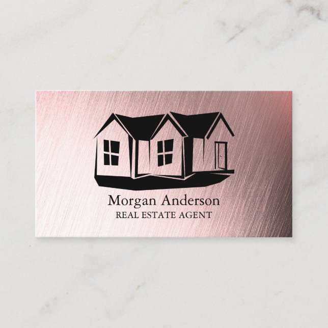 Modern Real Estate Agent Rose Gold Brushed Metal Business Card (Front)
