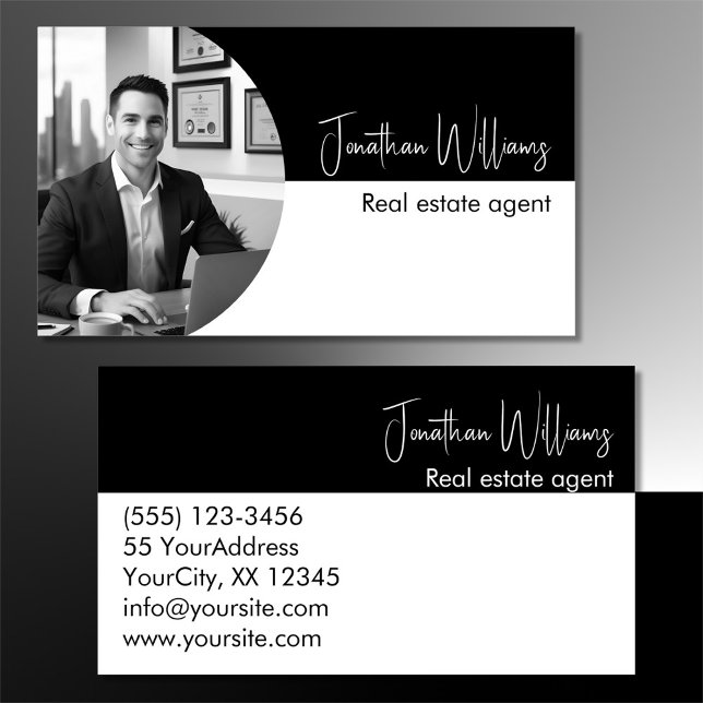 Modern real estate agent round photo black white business card (Creator Uploaded)