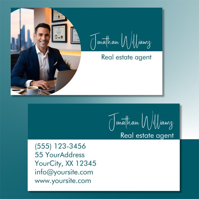 Modern real estate agent round photo teal white business card (Creator Uploaded)
