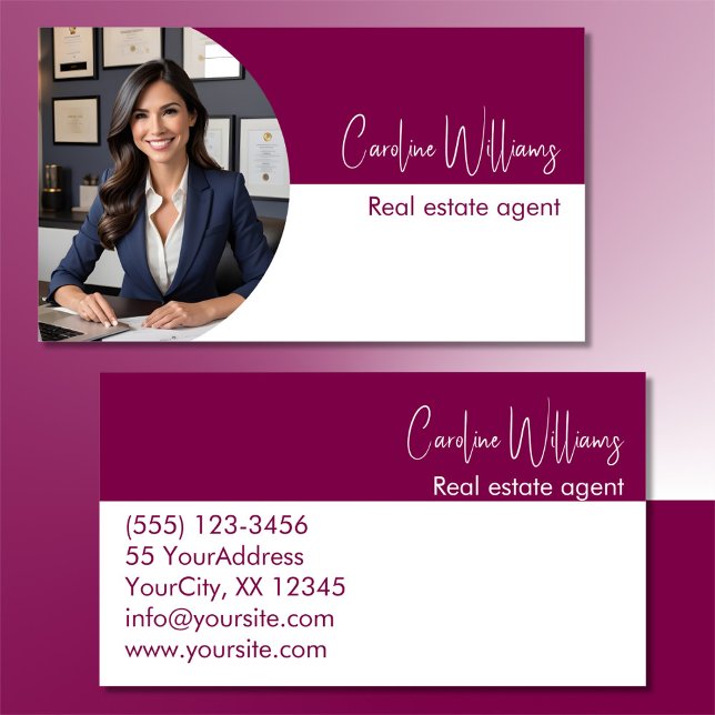 Modern real estate agent round photo wine white business card (Creator Uploaded)