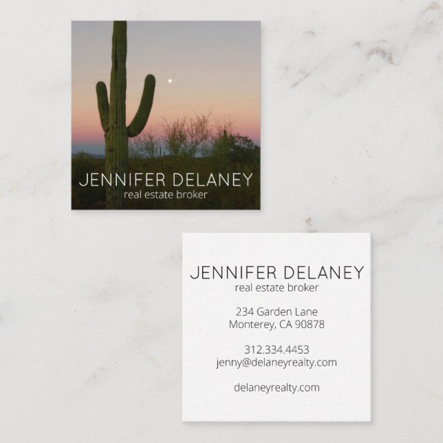 Modern Real Estate Agent Saguaro Sunset Photo Square Business Card (Front/Back)