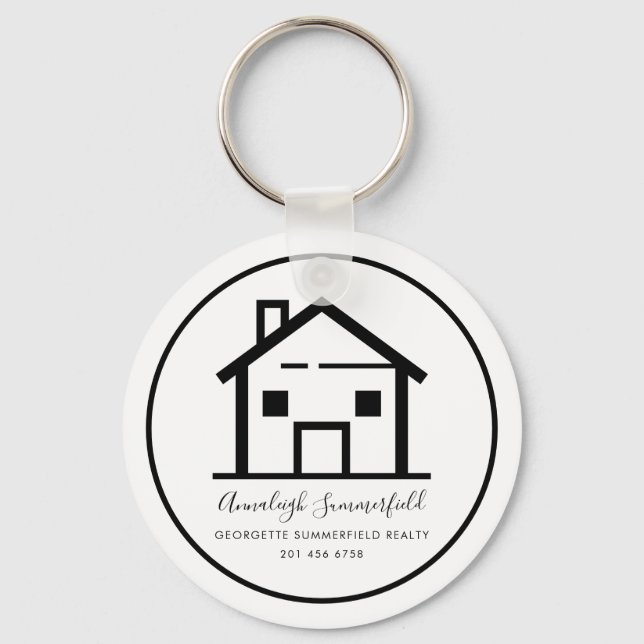 Modern Real Estate Black White Personalised House Key Ring (Front)